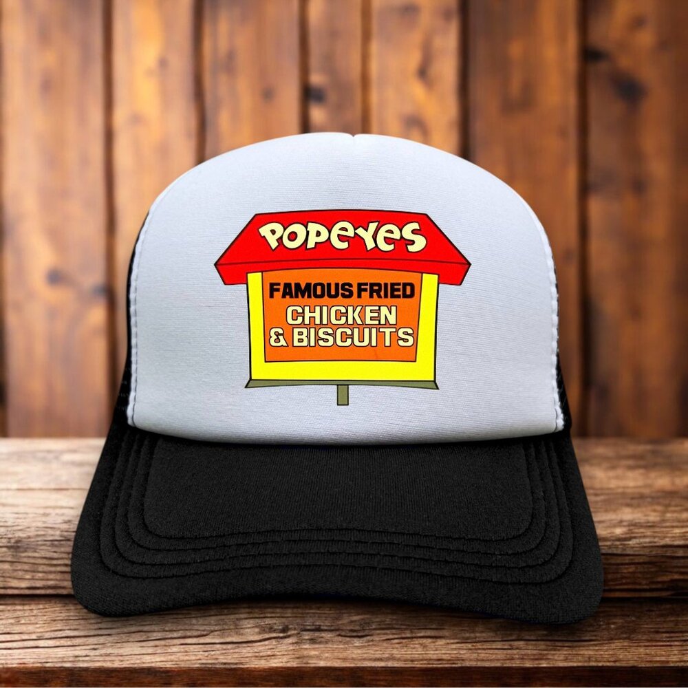 Retro Popeyes Chicken & Biscuits Unisex Trucker Hat Black Vintage Logo Ball Cap